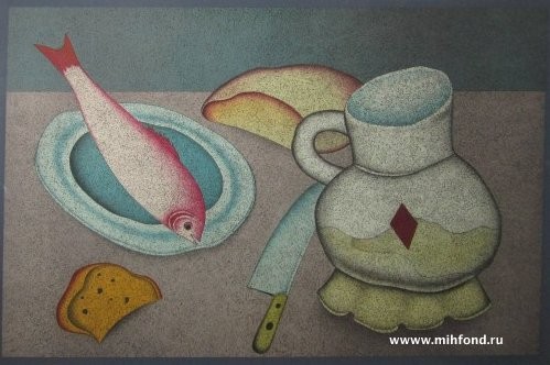 Литография "Натюрморт" с рыбой и хлебом